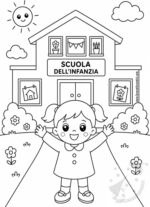 Disegni Accoglienza Scuola Infanzia 8 Disegno di bambina che dà il benvenuto alla scuola dell'infanzia da colorare