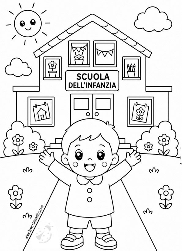 Disegni Accoglienza Scuola Infanzia 9 Disegno di bambino che dà il benvenuto alla scuola dell'infanzia da colorare
