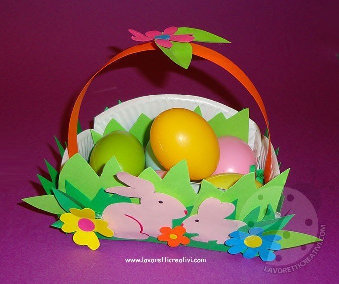 cestino con conigli e fiori per uova di pasqua