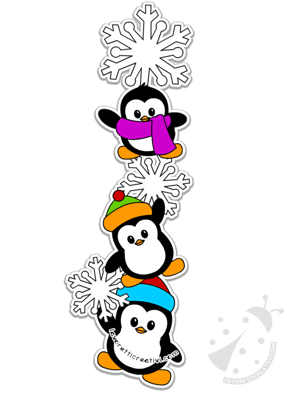 Decorazioni invernali con pinguini e fiocchi di neve