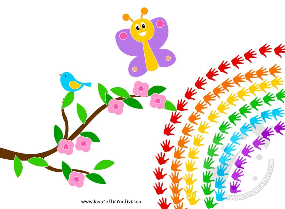 Cartellone di Primavera con ramo di pesco e arcobaleno