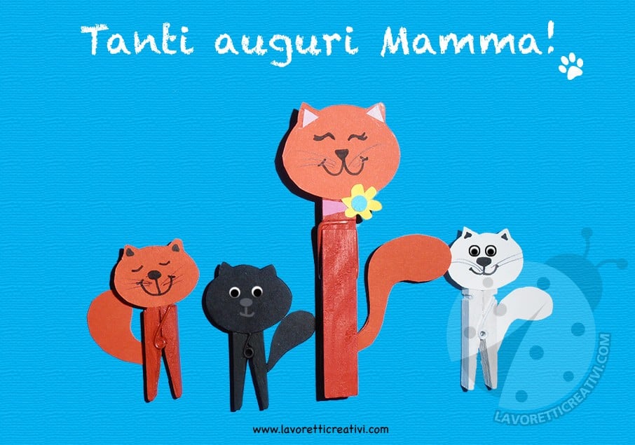 Gatti con mollette di legno per la Festa della Mamma