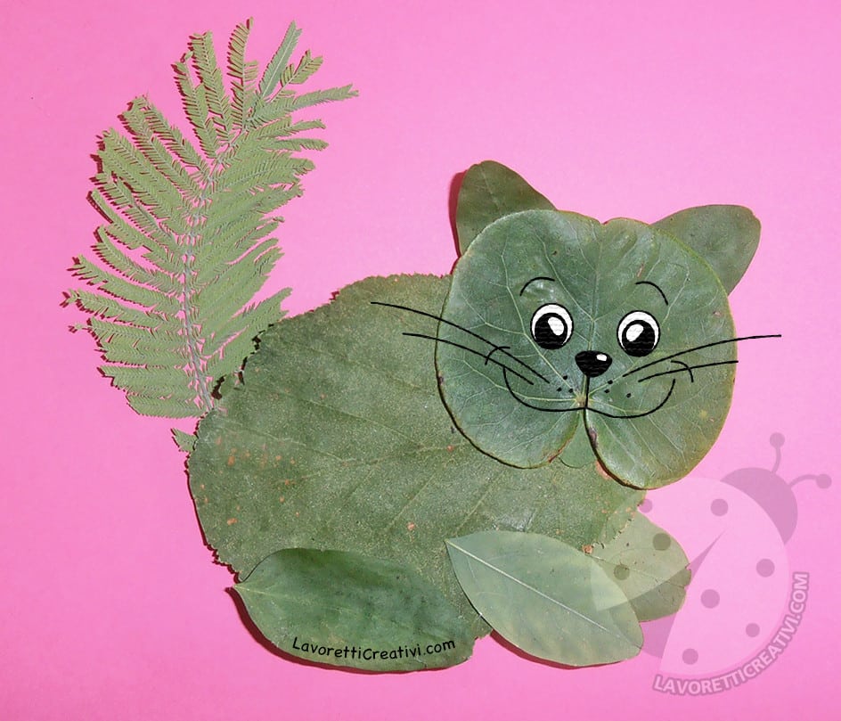 Lavoretti con foglie per bambini Gatto con foglie