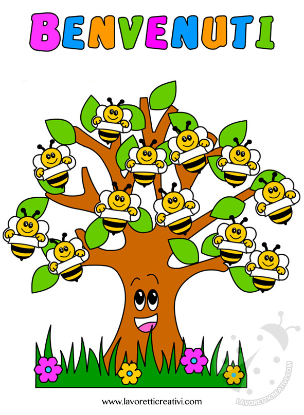 Cartellone Accoglienza Scuola Infanzia con albero e api
