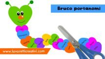 Bruco portanomi con cuori di carta colorati e testa a cuore sorridente, con i nomi della classe