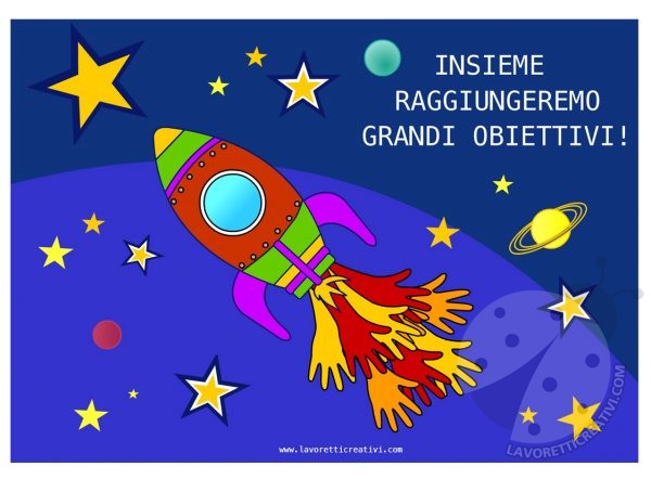 Accoglienza a tema spazio 8 Cartellone accoglienza a tema spazio con il razzo e le mani colorate