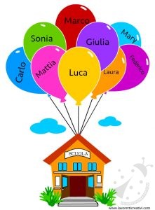 Scuola con palloncini portanome