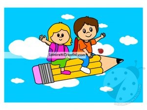 Bambini seduti su una matita volante