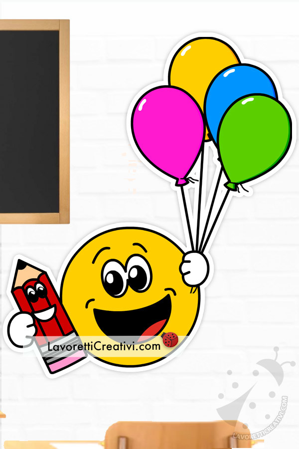 decorazioni accoglienza con emoticon sorridente in stile cartoon con palloncini colorati e matita, pronte da stampare e appendere in aula.