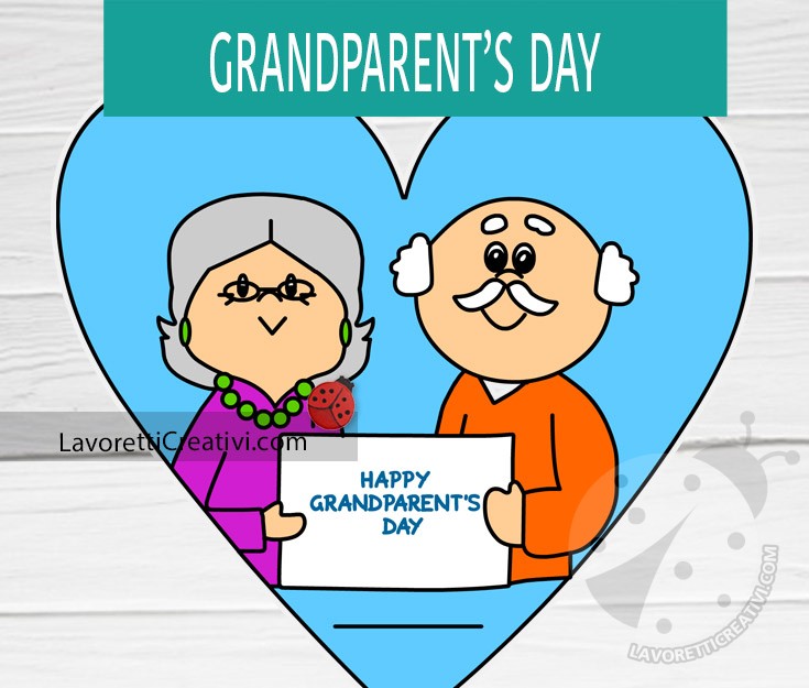 Happy Grandparents Day - Biglietto festa dei nonni in inglese 7 cuore con nonni e scritta Happy Grandparents Day