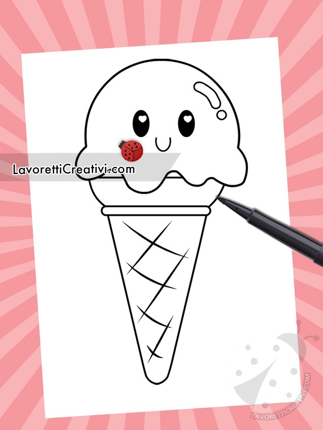 Gelato kawaii da colorare con cono e palline sorridenti, stile giapponese carino. Gelato disegno da colorare.

