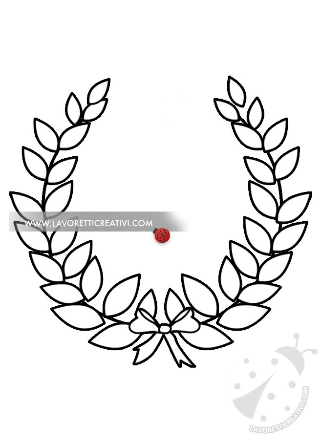 Disegno in bianco e nero di una corona d’alloro da colorare, simbolo di laurea.