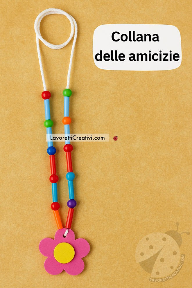Collana delle amicizie per bambini con perline colorate e ciondolo in gomma crepla a forma di fiore.