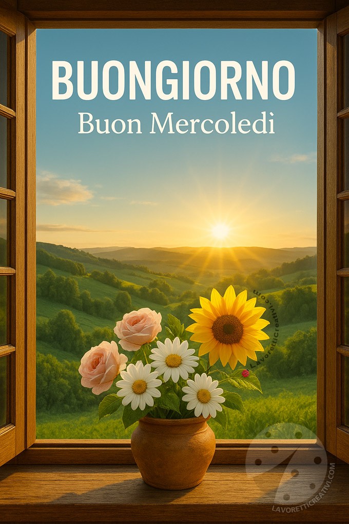 Finestra in legno aperta su paesaggio collinare verde illuminato dal sole all’alba, con vaso rustico in terracotta contenente rose rosa, margherite e un girasole sul davanzale e scritta Buongiorno Buon Mercoledì in bianco in alto.