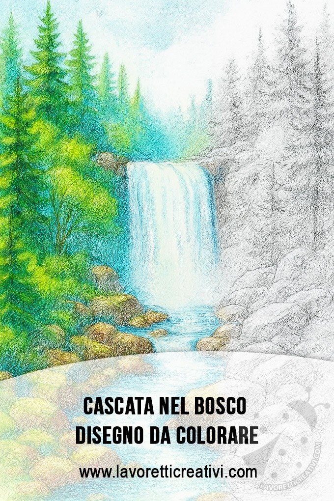 Cascata nel bosco disegno da colorare con rocce e alberi in stile a matita.