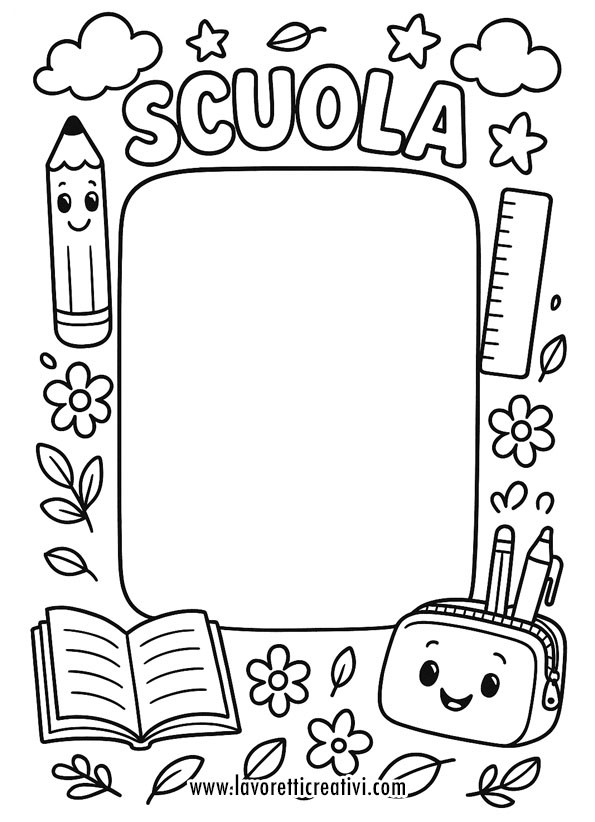 cornice scuola primaria da stampare con decorazioni scolastiche in stile cartoon