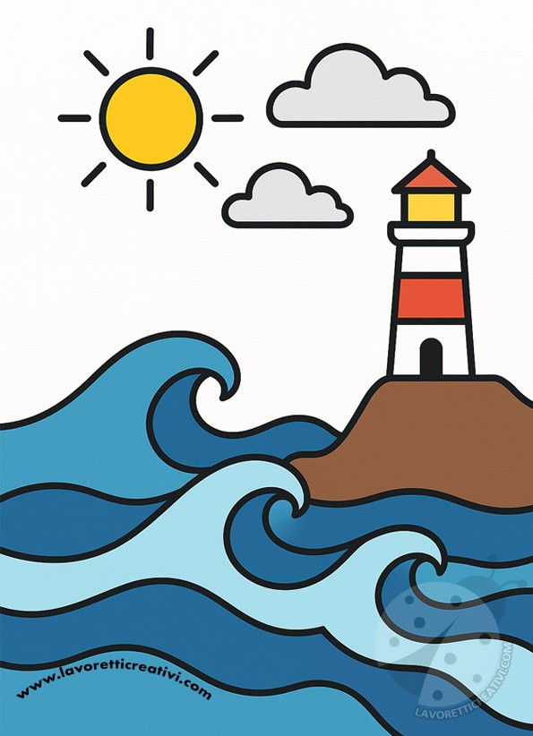 Il faro sul mare disegno a colori - Il paesaggio marino con il faro in stile realistico per bambini: onde in diverse tonalità di blu che mostrano il movimento del mare, faro bianco e rosso su scoglio marrone, sole giallo con raggi e nuvole grigie su sfondo chiaro.
