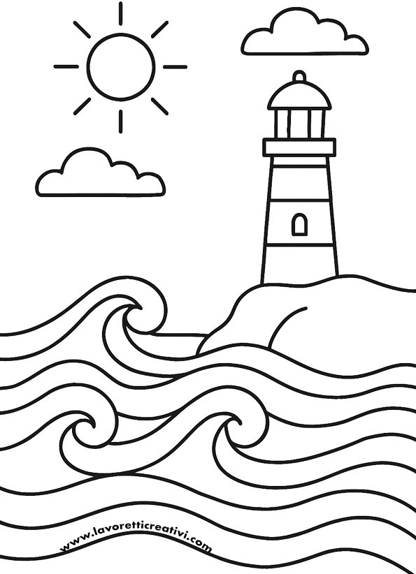 Il faro sul mare disegno da colorare - Il paesaggio marino con il faro in bianco e nero: onde curve che mostrano movimento, faro su scoglio con dettagli semplici, sole con raggi e nuvole morbide, tutti contorni neri su sfondo bianco pronti da colorare.