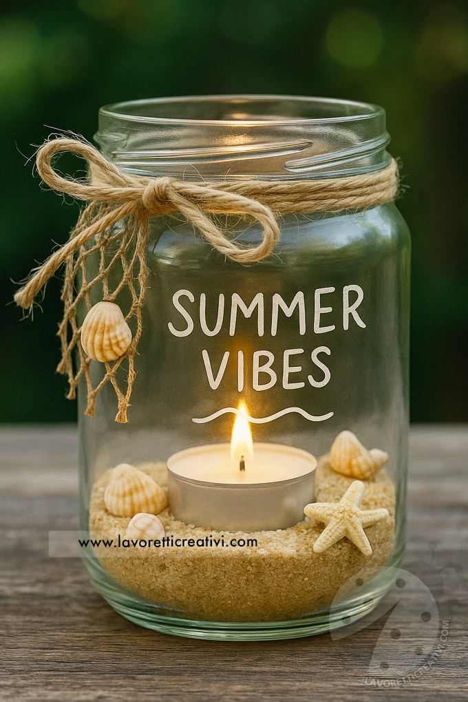 Lanterna estiva in vasetto di vetro decorata con sabbia, conchiglie, stella marina, candela accesa e scritta “Summer Vibes”, rifinita con spago e rete in stile marinaro.