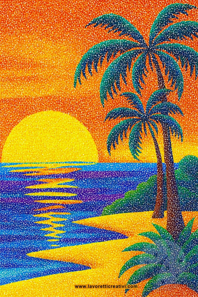 Paesaggio tropicale realizzato con la tecnica del puntinismo, con sole al tramonto, palme e mare colorati a punti vivaci.
