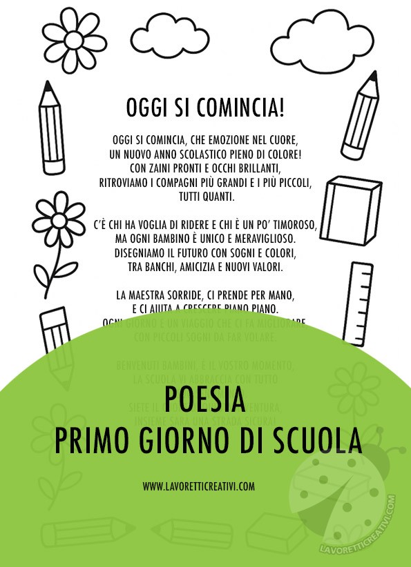 Poesia primo giorno di scuola con cornice da colorare