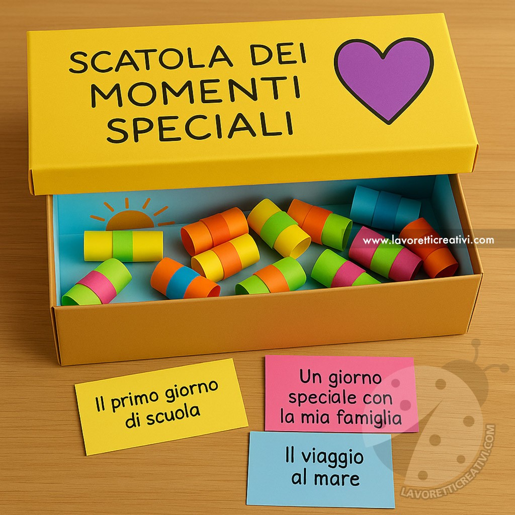 Scatola dei Momenti Speciali colorata realizzata con cartoncini, biglietti e decorazioni per bambini.