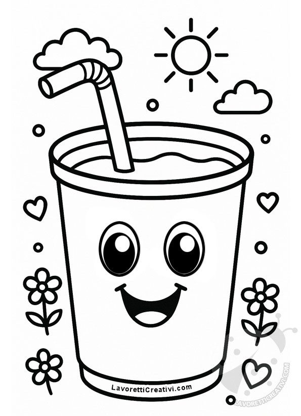 Disegno simpatico di succo di frutta con cannuccia da colorare con sole e fiori. 
