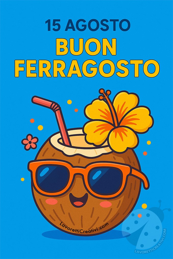 15 agosto Buon Ferragosto immagine con cocco sorridente, fiore, cannuccia e occhiali da sole da condividere sui social