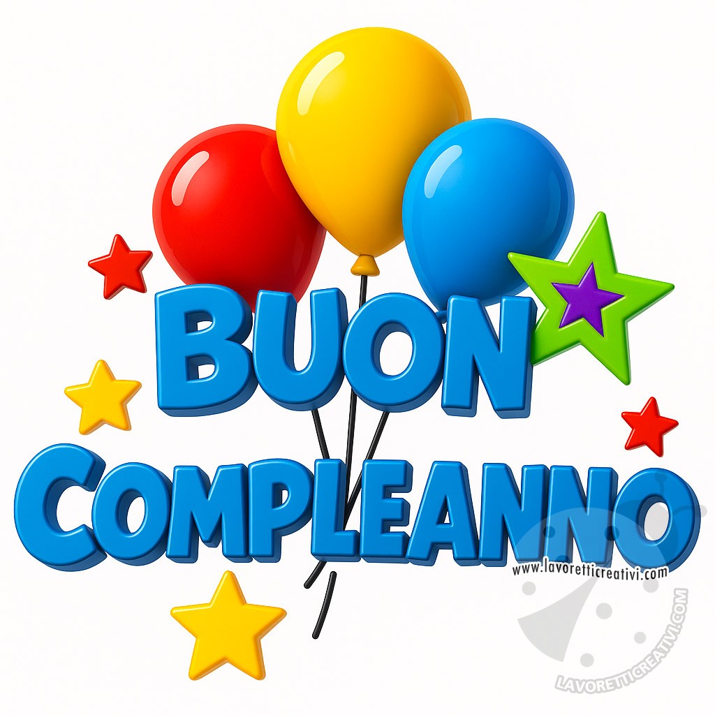 immagine 3D Buon Compleanno con lettere brillanti e palloncini colorati perfetta da condividere sui social in modo simpatico.
