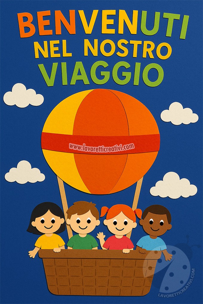 Mongolfiera con bambini a bordo da stampare e colorare.