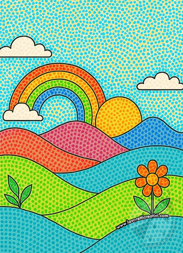 Paesaggio in stile puntinismo facile con arcobaleno, sole, fiori e colline colorate