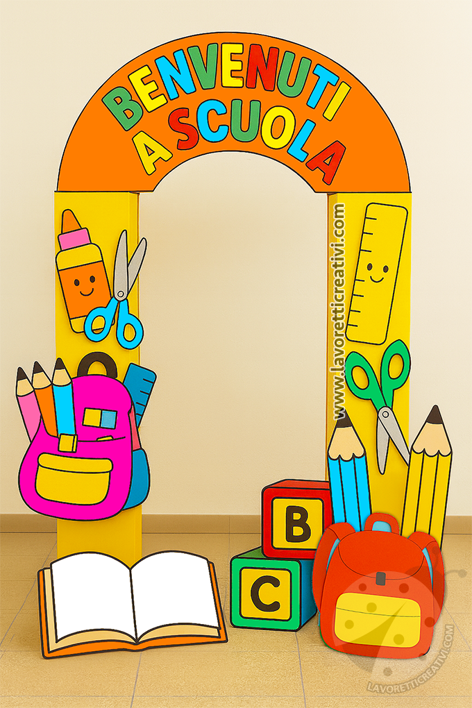Allestimento scenografico per foto ricordo a scuola con arco colorato e decorazioni scolastiche.