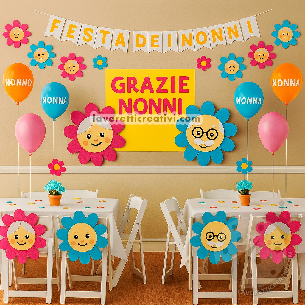 decorazioni per la festa dei nonni con sala allestita con fiori e scritta grazie nonni