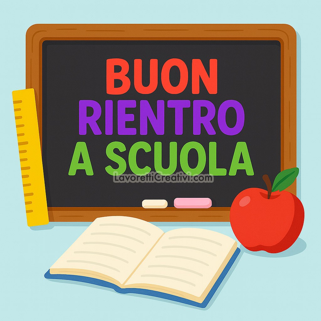 immagine Buon rientro a scuola con lavagna nera, mela, righello e quaderno da condividere online