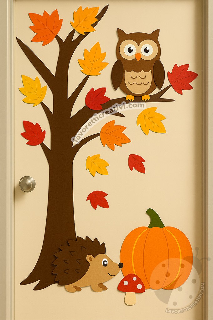 Decorazione porta in autunno con albero, gufo, riccio, zucca e foglie colorate.
