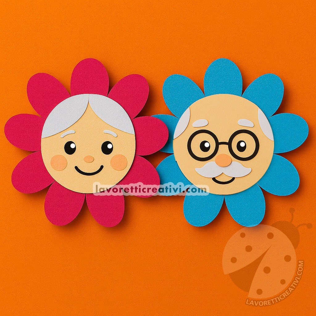 decorazioni per la festa dei nonni con fiori colorati a forma di volto dei nonni