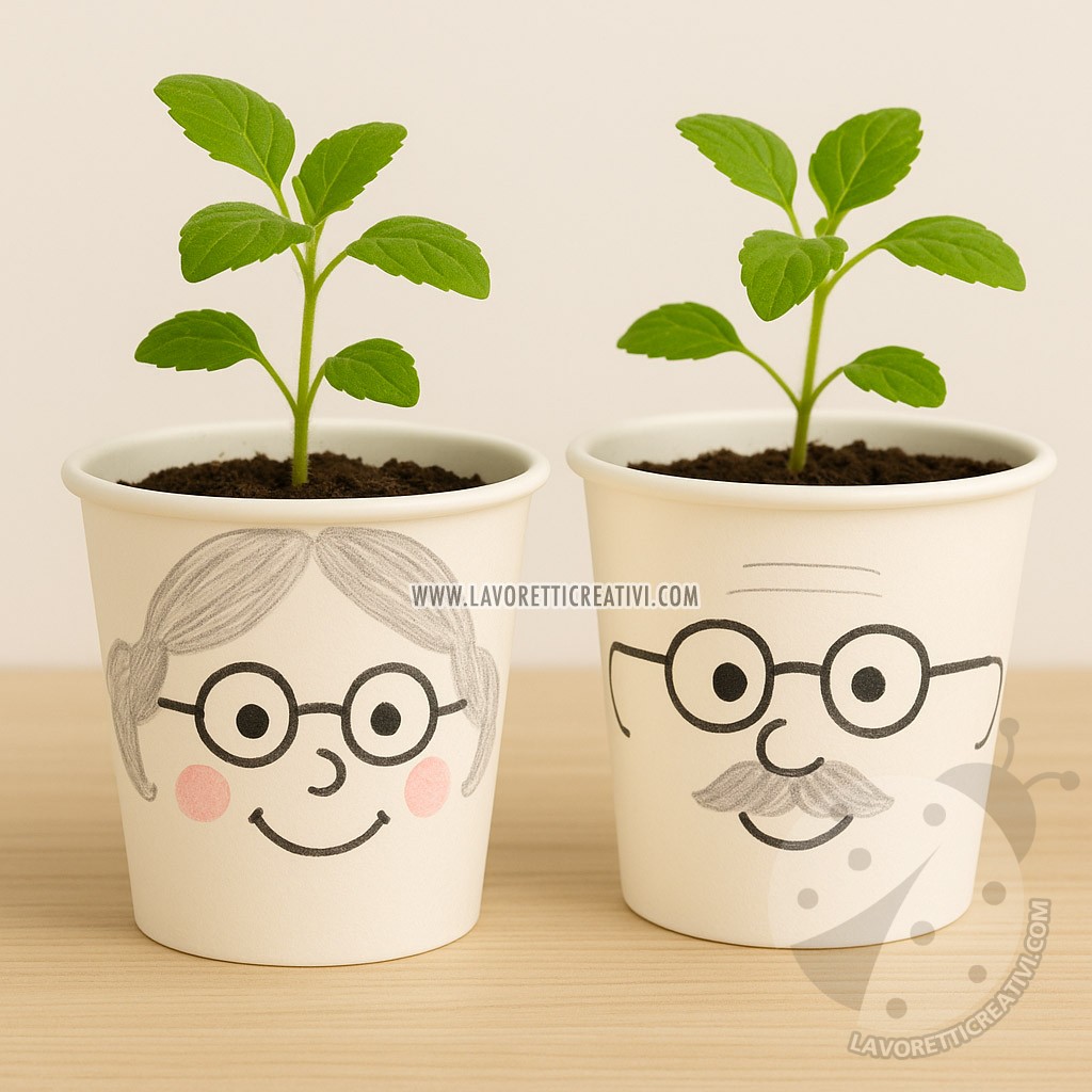 Vasetti con piantine e faccine di nonno e nonna – idee regalo per i nonni