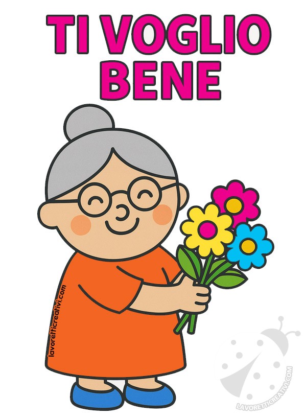 Nonna ti voglio bene immagine con nonna che riceve mazzo di fiori colorati.