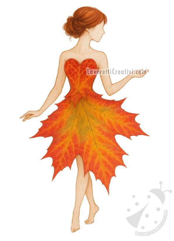 Disegno di abito con foglie autunnali realizzato per attività creativa per ragazzi.