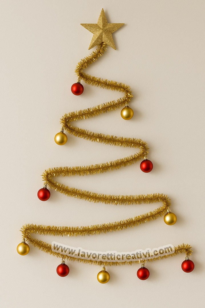 Albero di Natale da parete con stella filante dorata e stella in cima, decorato con palline rosse e dorate su sfondo chiaro.