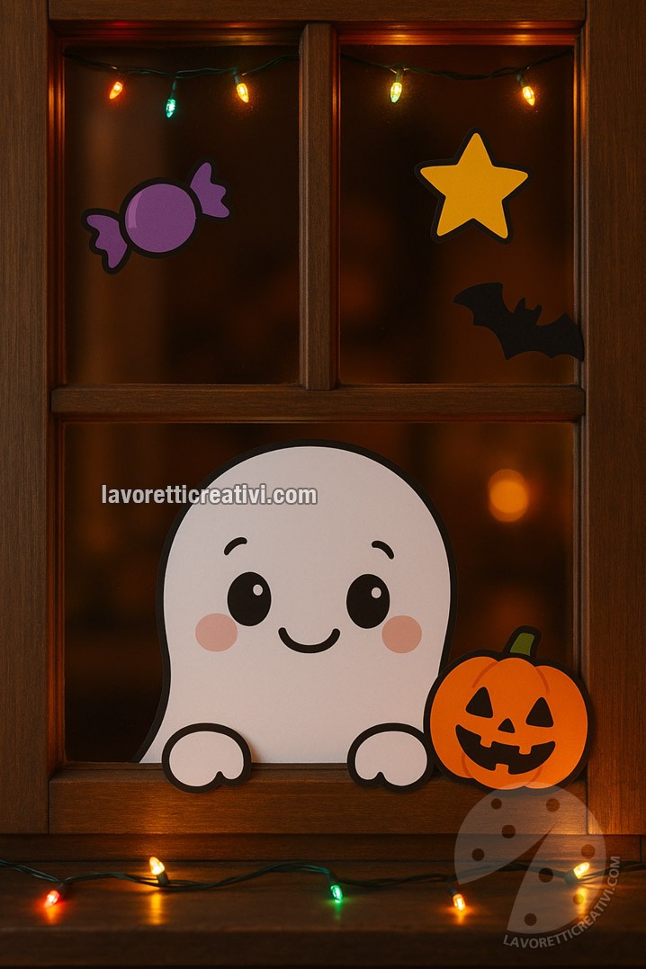 Decorazioni da attaccare alle finestre per la festa di Halloween con fantasmino, zucca, pipistrelli, caramella viola e lucine colorate.