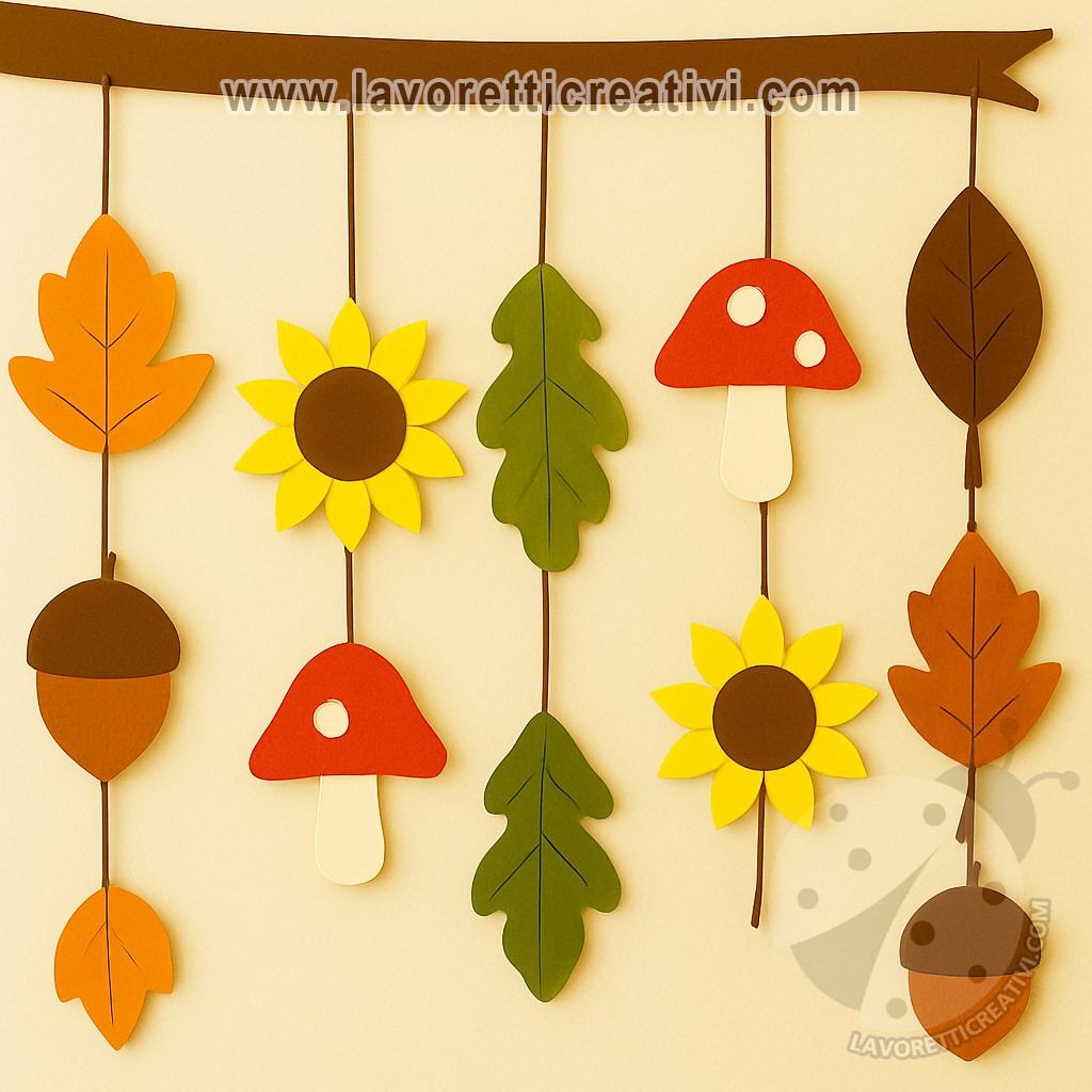 decorazione autunnale con girasoli, foglie, funghi e ghiande realizzata con cartoncini colorati.