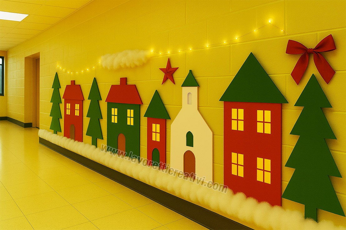 Decorazione natalizia per il corridoio della scuola con il Villaggio di Natale dei bambini, realizzato con casette e alberi in cartoncino spesso, ovatta alla base e lucine sospese.