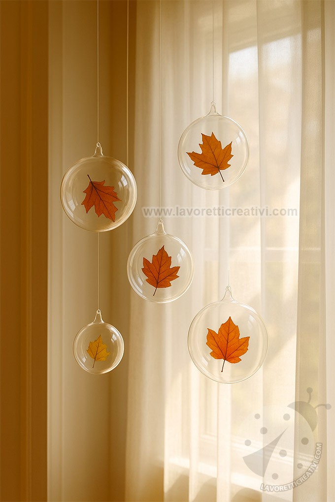 decorazioni autunnali con palline trasparenti e foglie colorate sospese vicino a una finestra