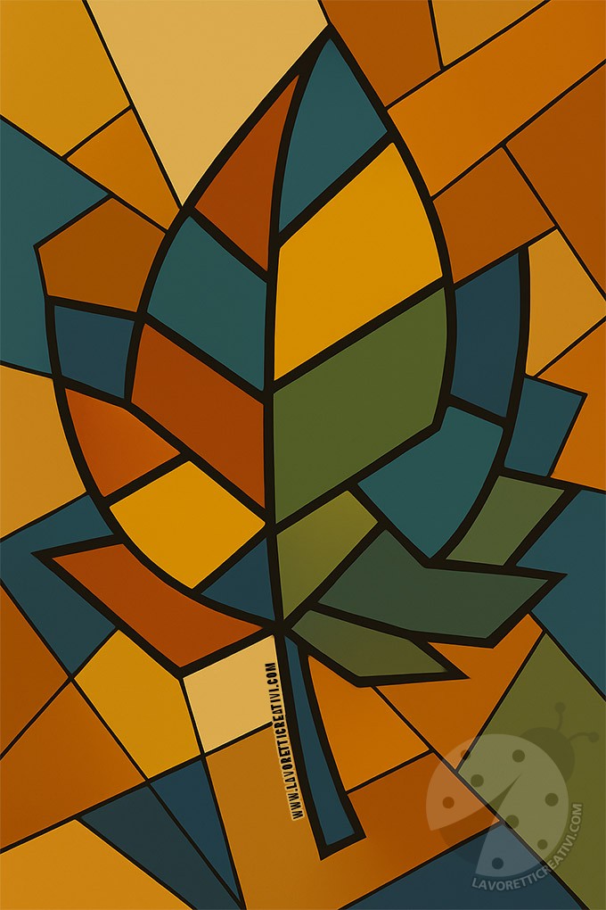 foglia cubista con sfondo geometrico e colori autunnali ispirati a Picasso.