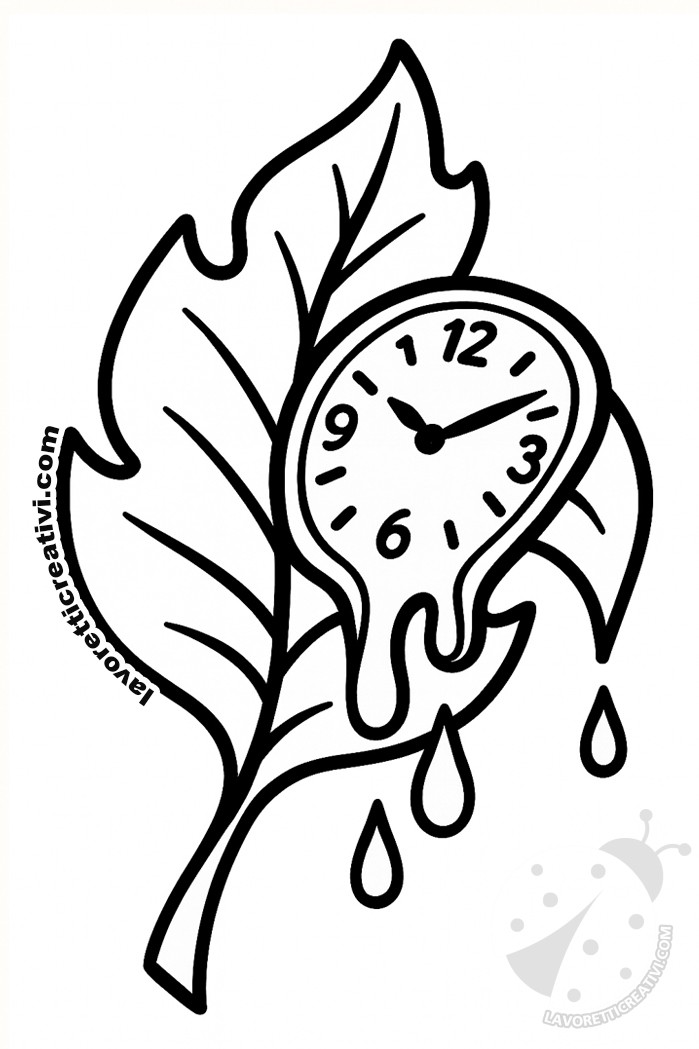 Disegno in bianco e nero di una foglia stile Salvador Dalì con orologio che si scioglie, da colorare.
