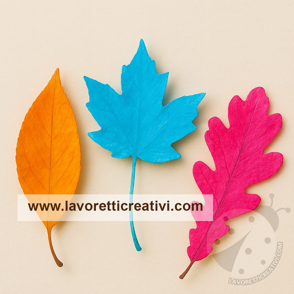 foglie secche autunnali colorate con acrilici vivaci in azzurro, arancione e fucsia.