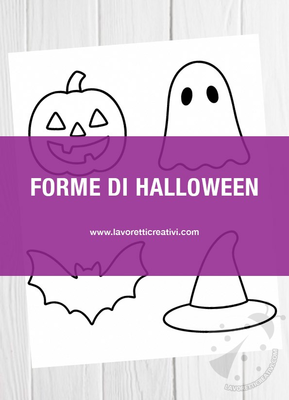 Modelli di Halloween stampabili 7 forme di Halloween da stampare con zucca, fantasma, pipistrello e cappello da strega in bianco e nero.