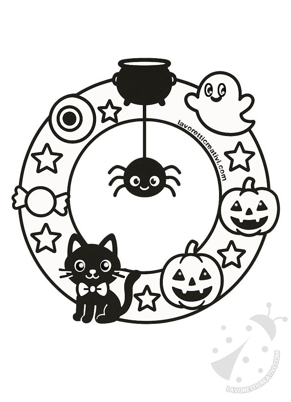 Ghirlanda Halloween circolare in bianco e nero da colorare con zucche, ragnetto, gatto nero e fantasmino.