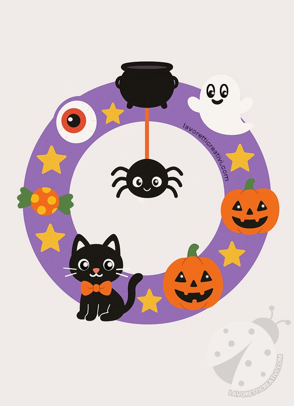 Ghirlanda Halloween circolare colorata con zucche, ragnetto, gatto nero, fantasmino e stelline.